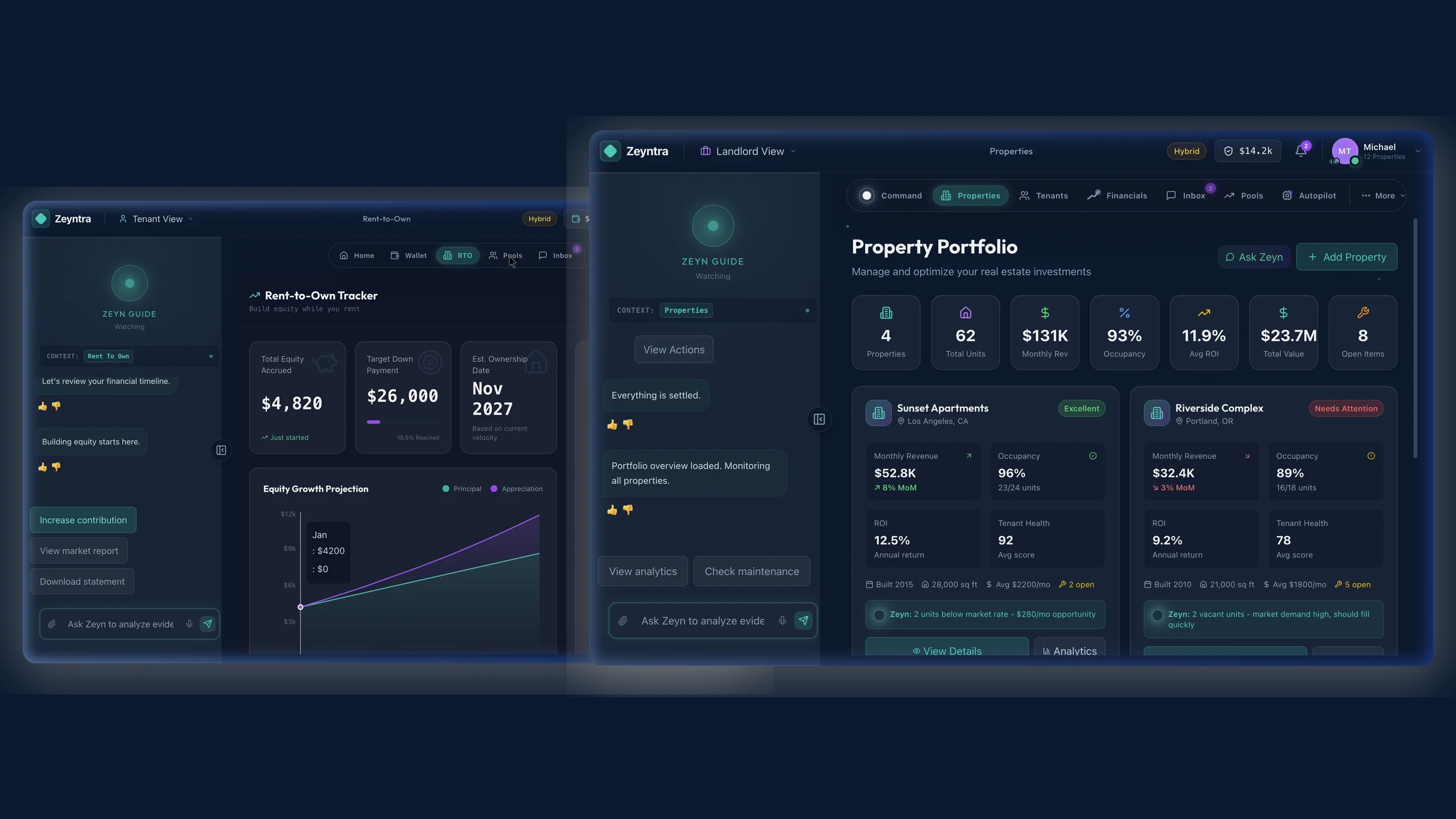 Zeyntra Platform Overview — Tenant & Landlord Views: real product interface